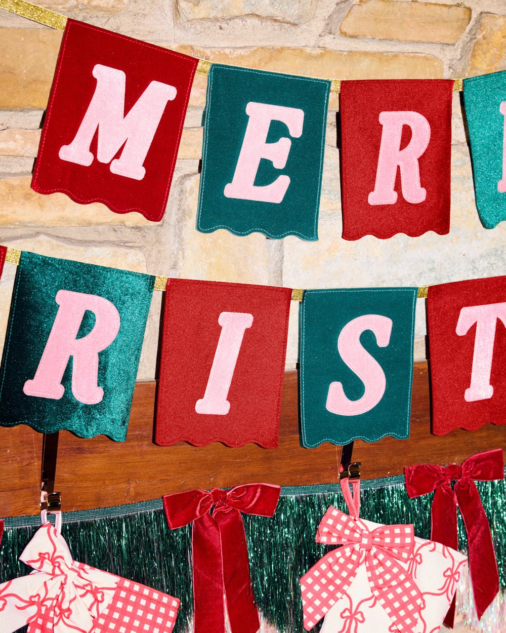 Merry Christmas velvet flag banner in red and green