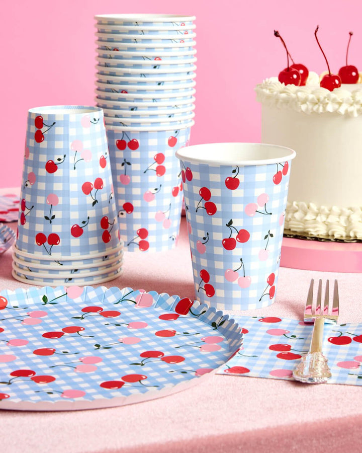 Blue Gingham Cherry Party Cups