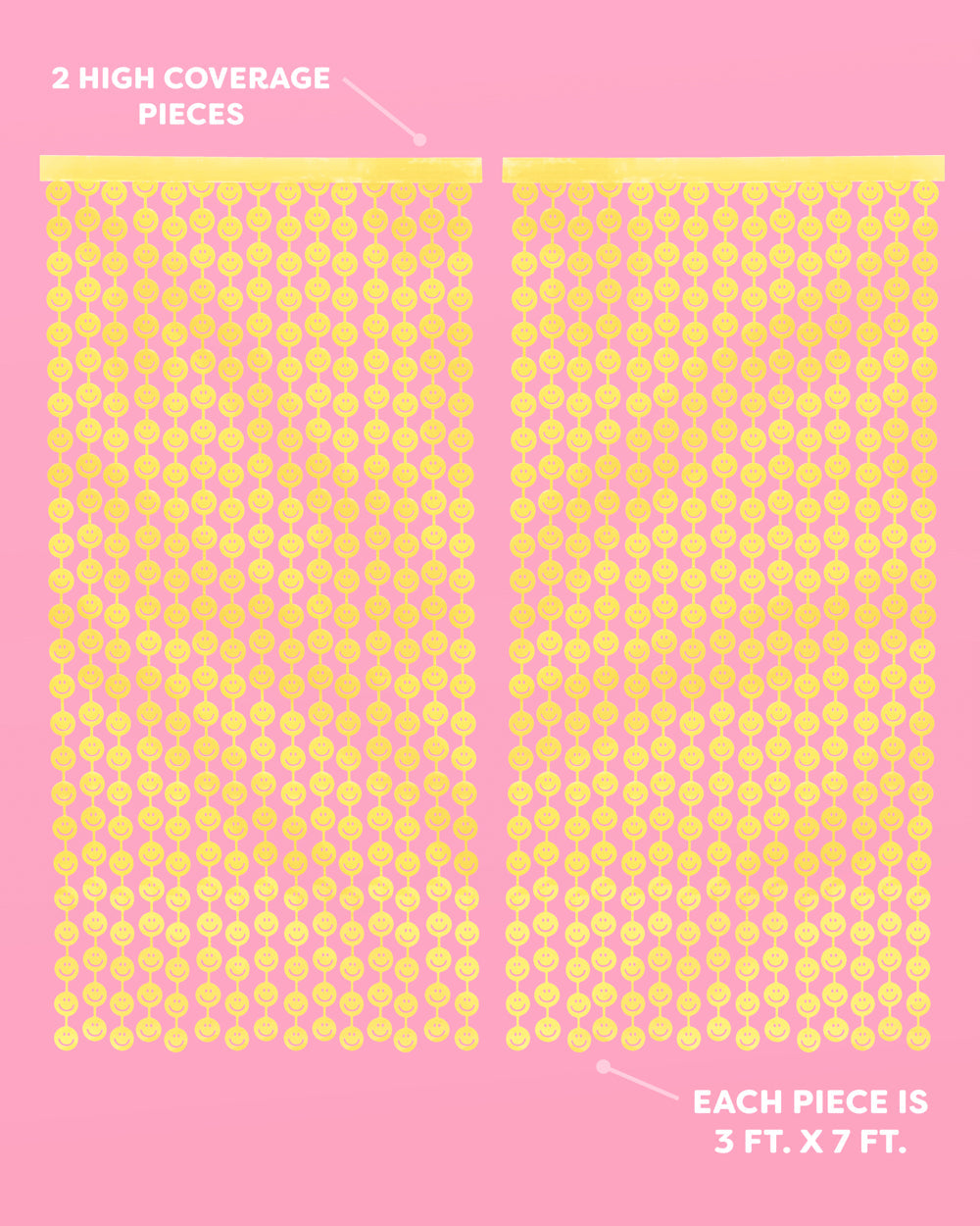 Smiley face curtain infographic showing two high coverage panels, each piece 3 ft x 7 ft