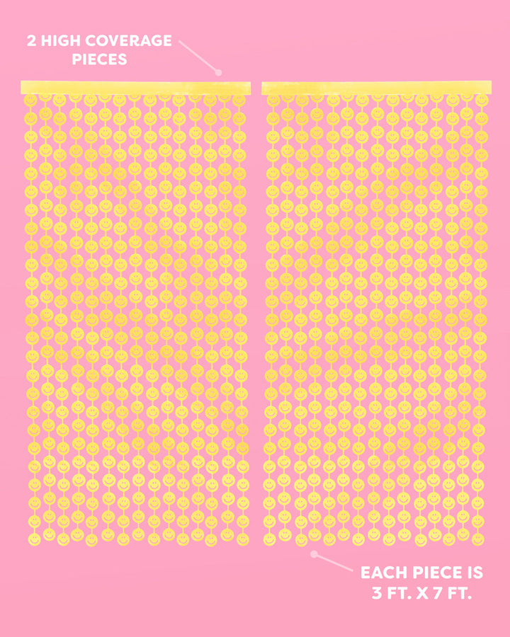 Smiley face curtain infographic showing two high coverage panels, each piece 3 ft x 7 ft
