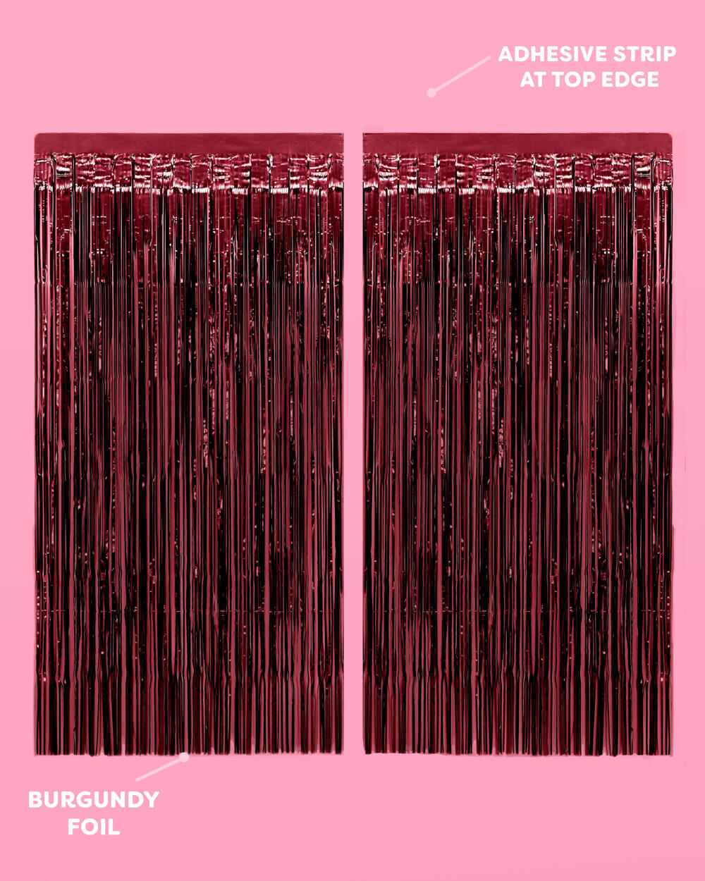Two burgundy fringe curtain panels showing the adhesive strip along the top edge