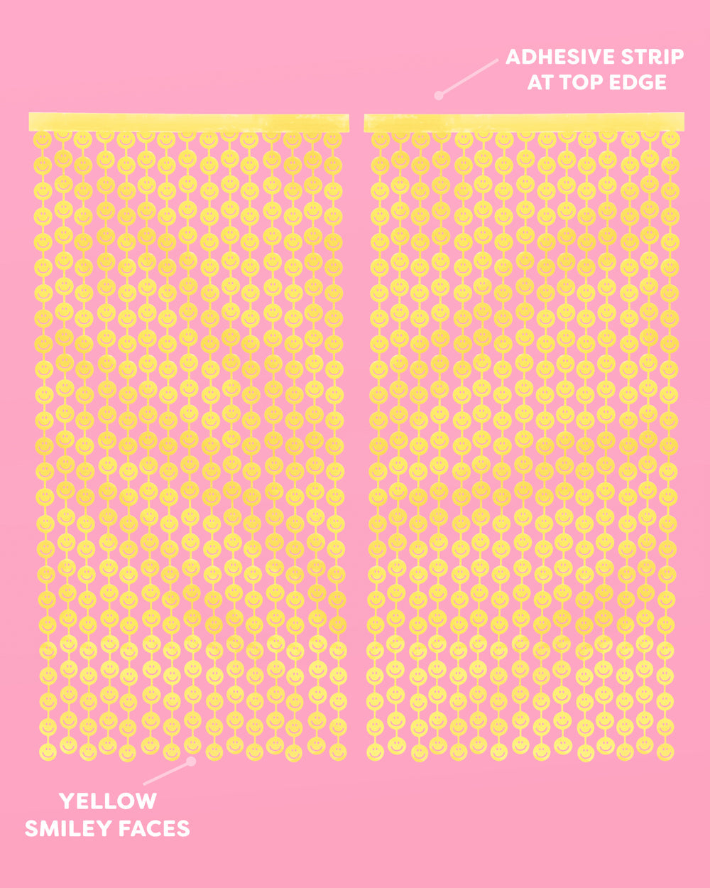 Two smiley face curtain panels showing the adhesive strip along the top edge