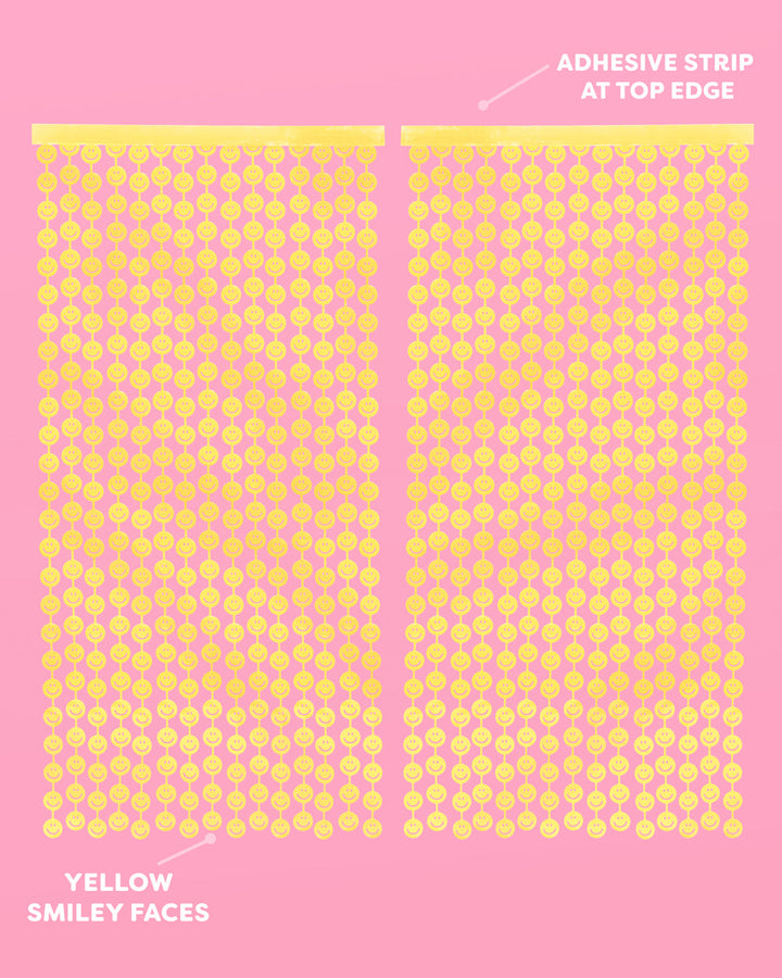 Two smiley face curtain panels showing the adhesive strip along the top edge