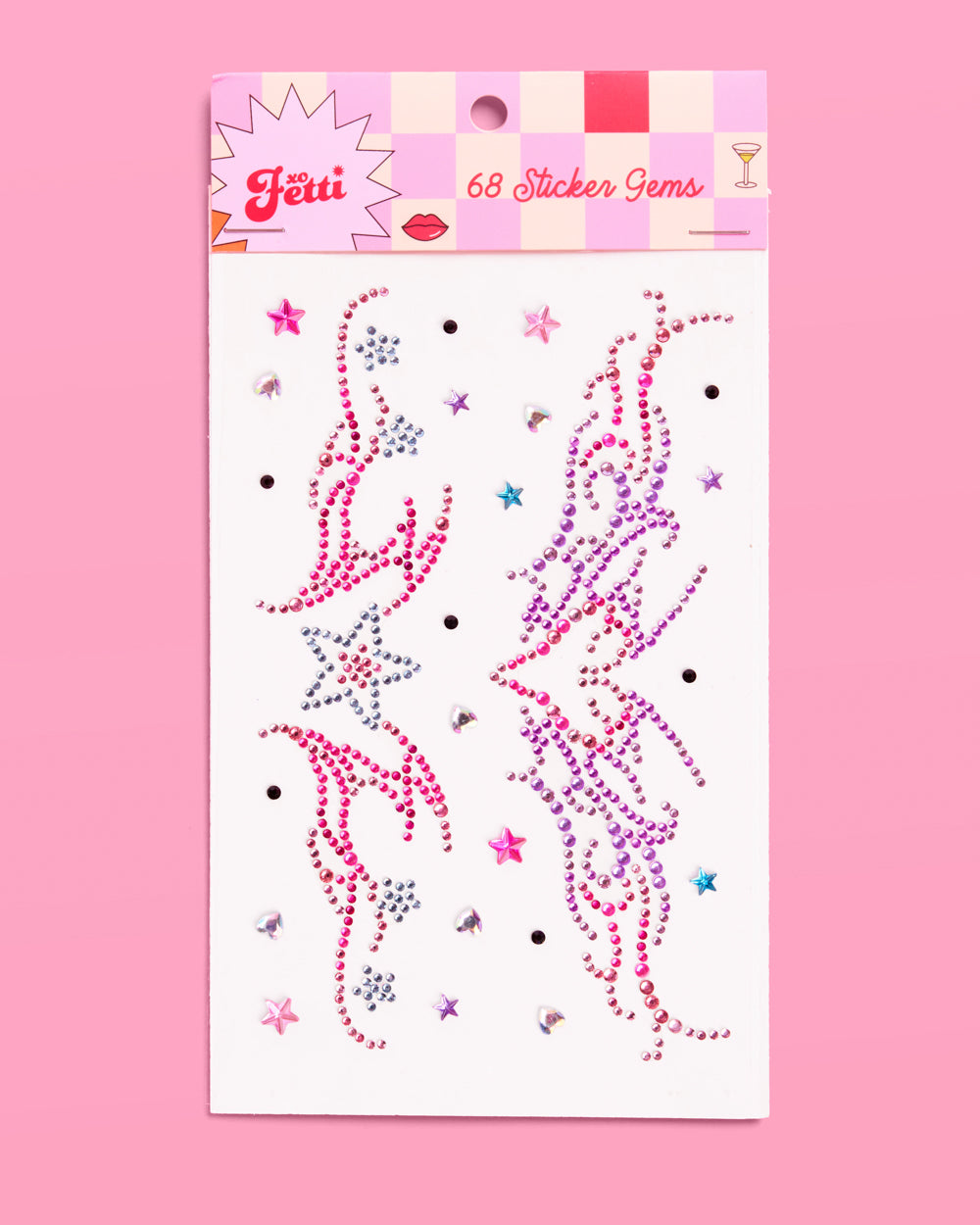 Pink and purple tribal swirl Y2K body gems with stars, shown in retail packaging