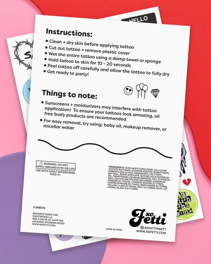 Application instructions card for the emo temporary tattoos on a pink background