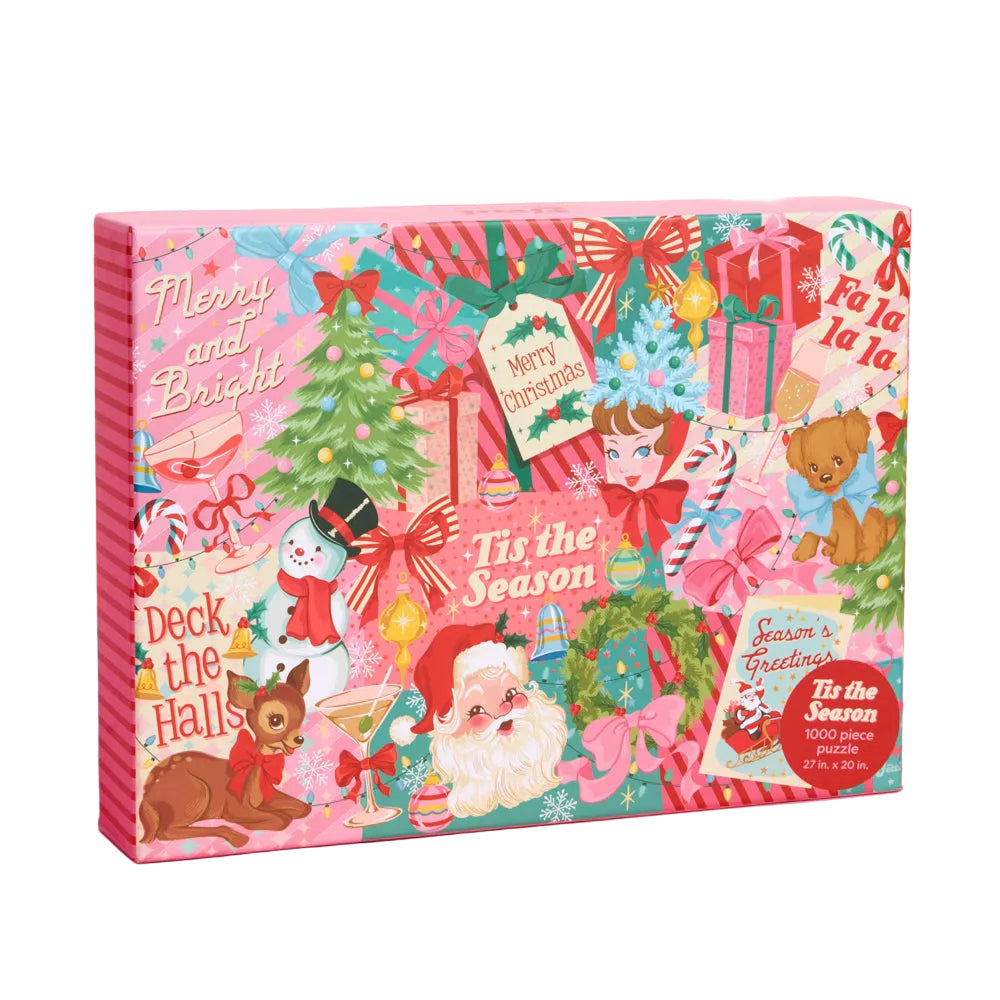 pink christmas puzzle with vintage looking artworks with santa snowman and other christmas holiday novelties