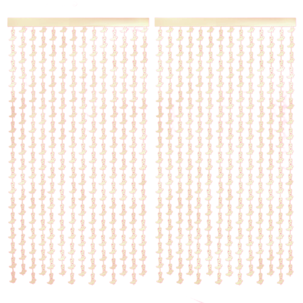 Cowboy boot foil fringe curtain backdrop with two panels of hanging boot shaped strands for a western or cowgirl party