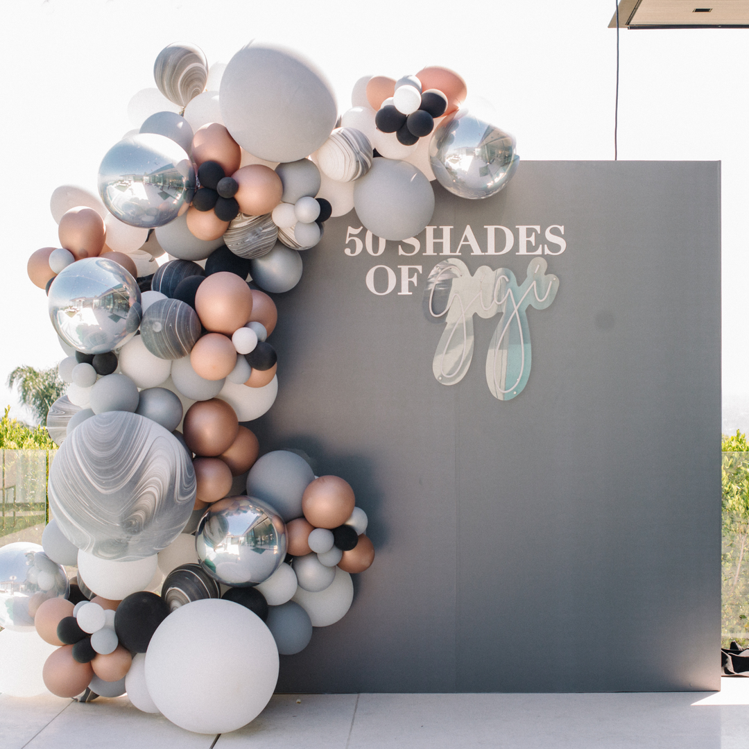 50 shades of gray balloon garland gray metallic balloon backdrop ideas - Los Angeles balloon installation