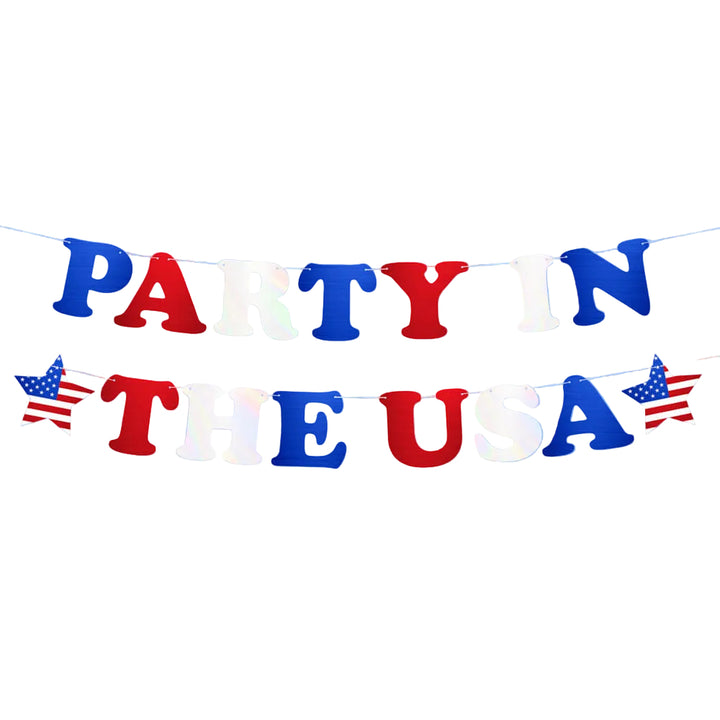 Party in the USA foil letter banner spelling the phrase in red, white, and blue with American flag stars