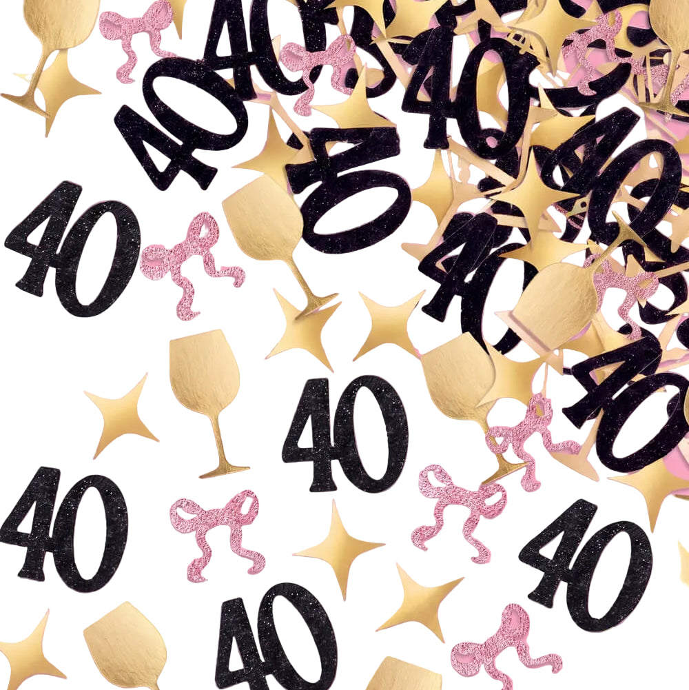 40th birthday confetti mix with black glitter 40s, gold wine glasses, and gold stars