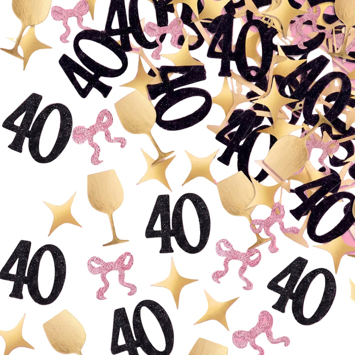 40th birthday confetti mix with black glitter 40s, gold wine glasses, and gold stars