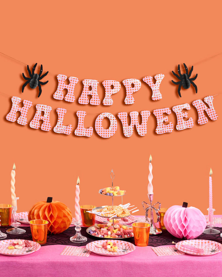 Pink Halloween Banner - pink gingham + spider banner