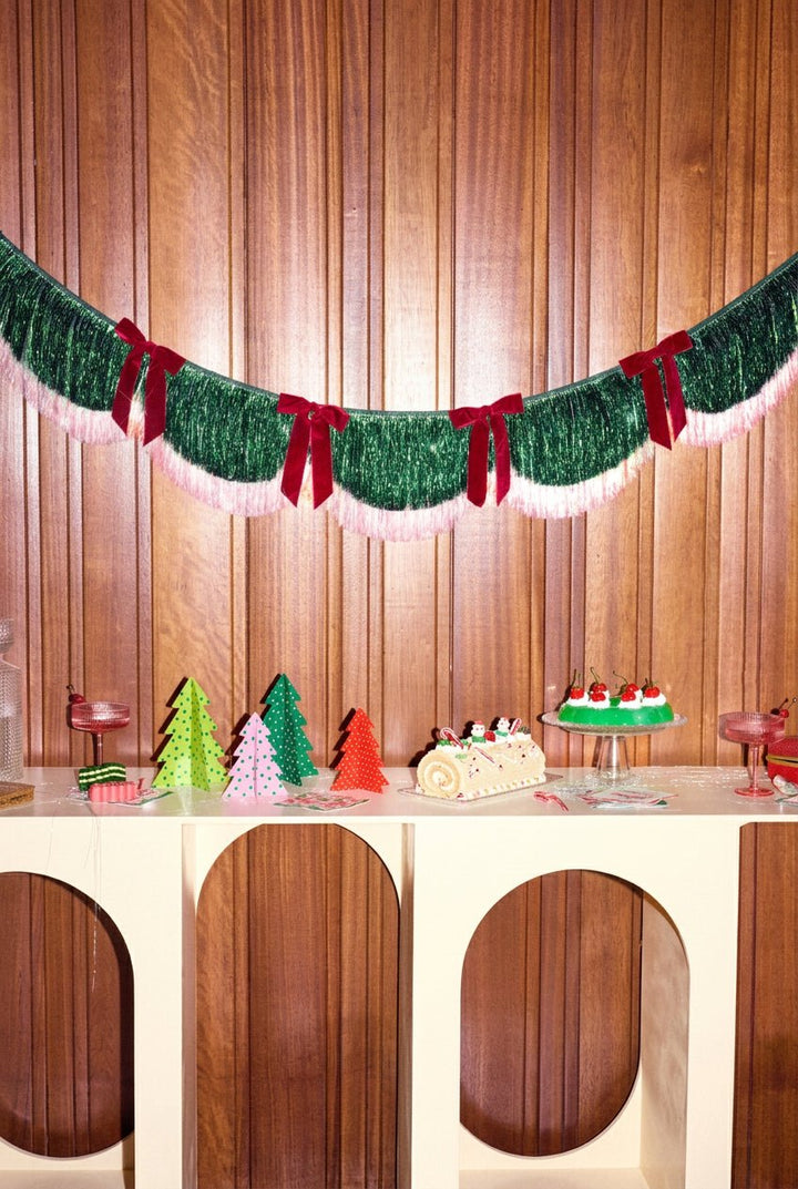 Christmas Bow Banner - fringe + velvet bows