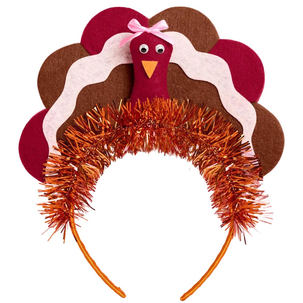 Felt turkey Thanksgiving headband with layered feathers and an orange tinsel band