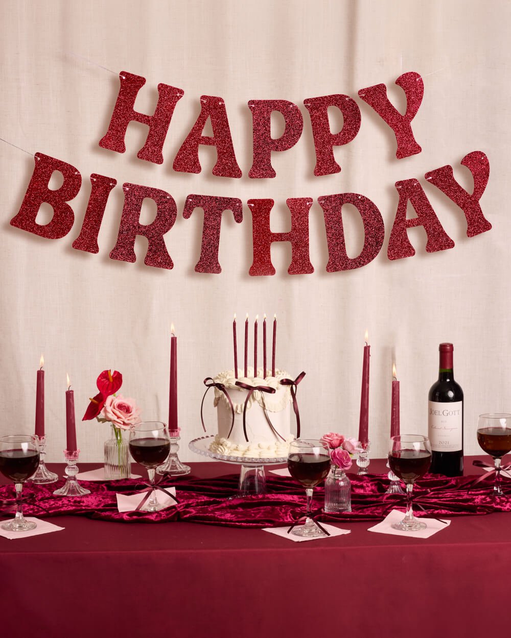 Burgundy Glitter Happy Birthday Banner