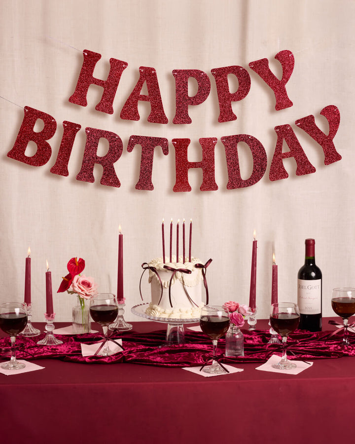 Happy Birthday Banner - 5 ft burgundy glitter banner