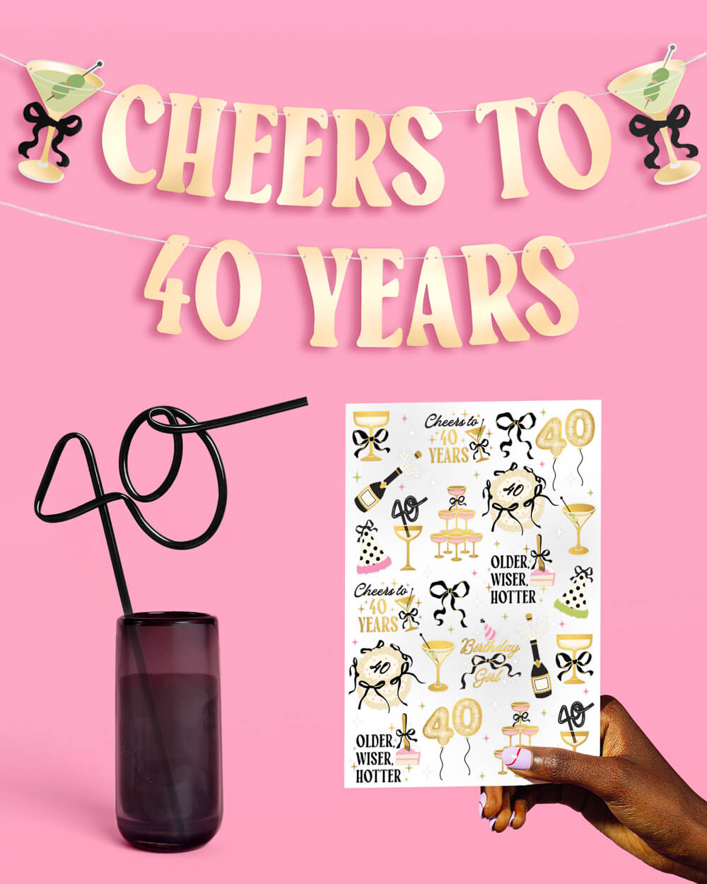 40th birthday bundle with a Cheers to 40 banner, black 40 straw, and tattoos
