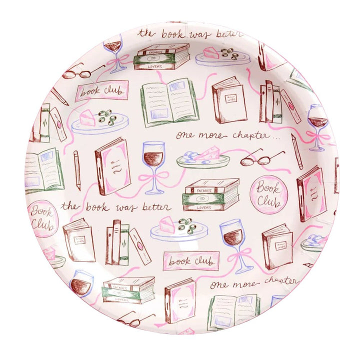 Book club paper plates in blush pink with hand-drawn books, wine glasses, and reading slogans like the book was better for a book club party