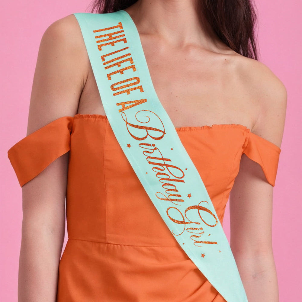 Life of A Birthday Girl Sash - teal sash + orange foil xo, Fetti sash Life of A Birthday Girl Sash - teal sash + orange foil Bonjour Fete - Party Supplies