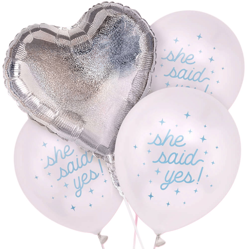 Silver holographic heart foil balloon and white latex balloons printed with she said yes in blue for an engagement or bridal shower