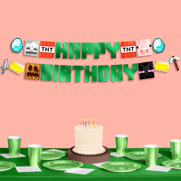 Pixel Mining Birthday Banner - mirrored green banner xo, Fetti xo, Fetti Collective Pixel Mining Birthday Banner - mirrored green banner Bonjour Fete - Party Supplies