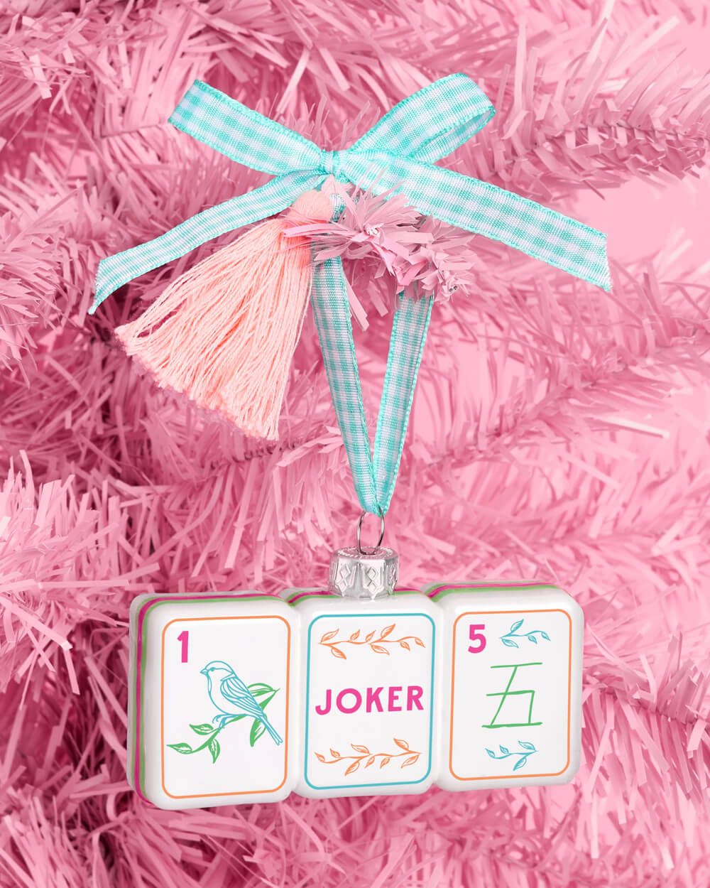 Mahjong Gingham Bow Glass Ornament