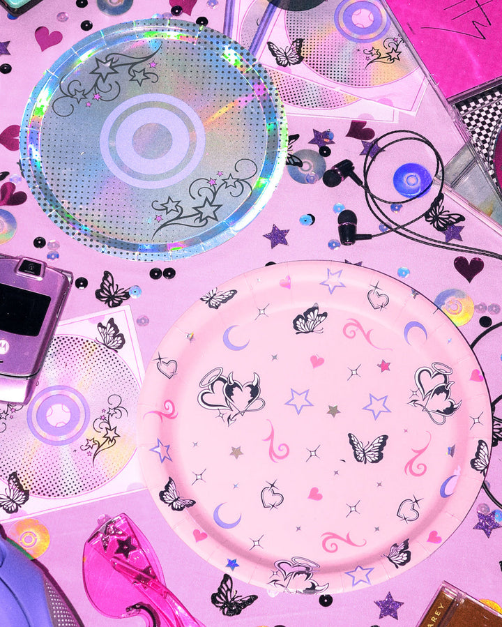 Iridescent CD dessert plate and pink butterfly dinner plate from the Y2K party plates set