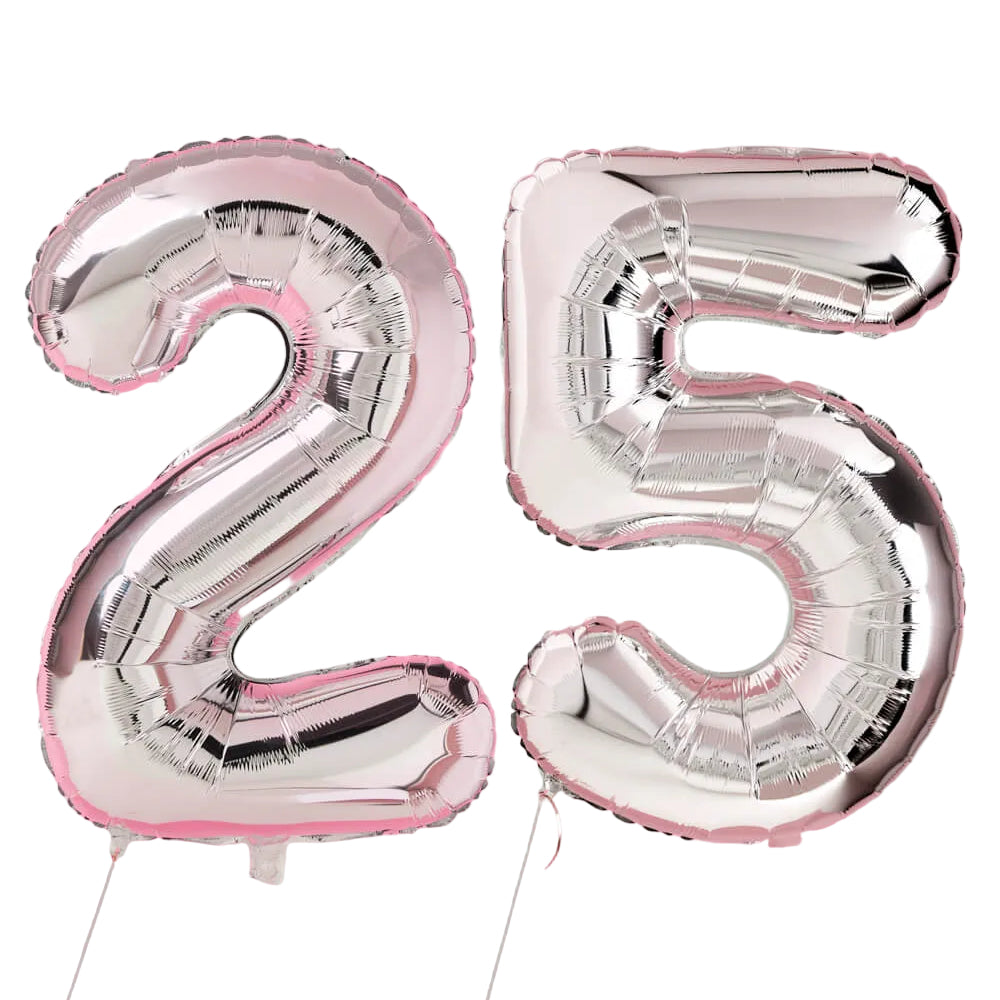Silver 2 and 5 foil number balloons for a 25th birthday on a white background