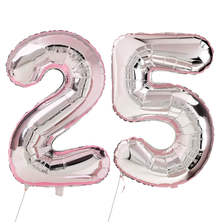 Silver 2 and 5 foil number balloons for a 25th birthday on a white background