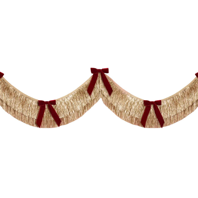 Gold Fringe Backdrop with Burgundy Velvet Bows