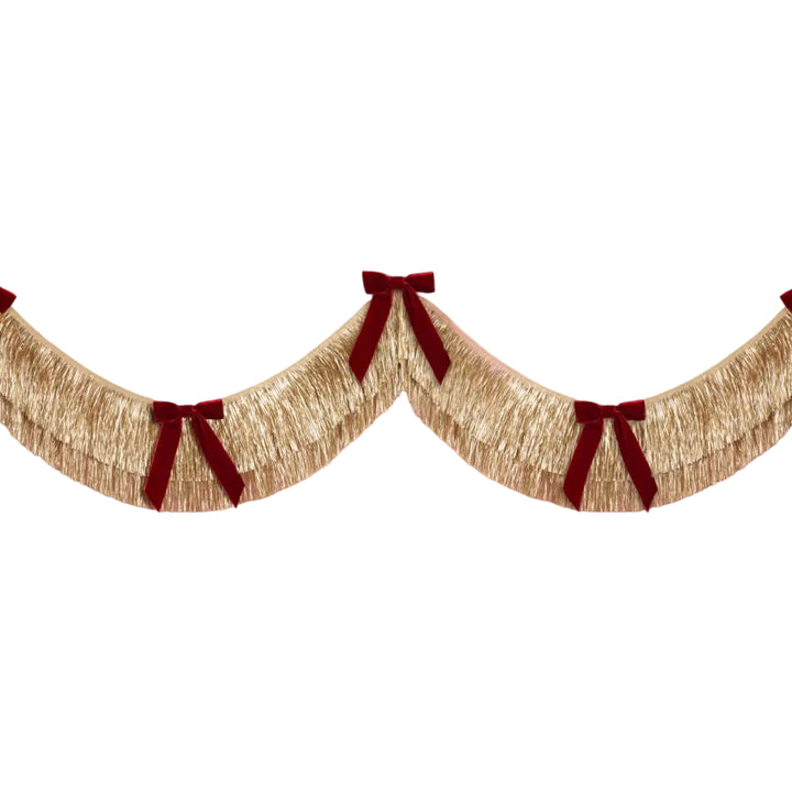 Gold Fringe Backdrop with Burgundy Velvet Bows