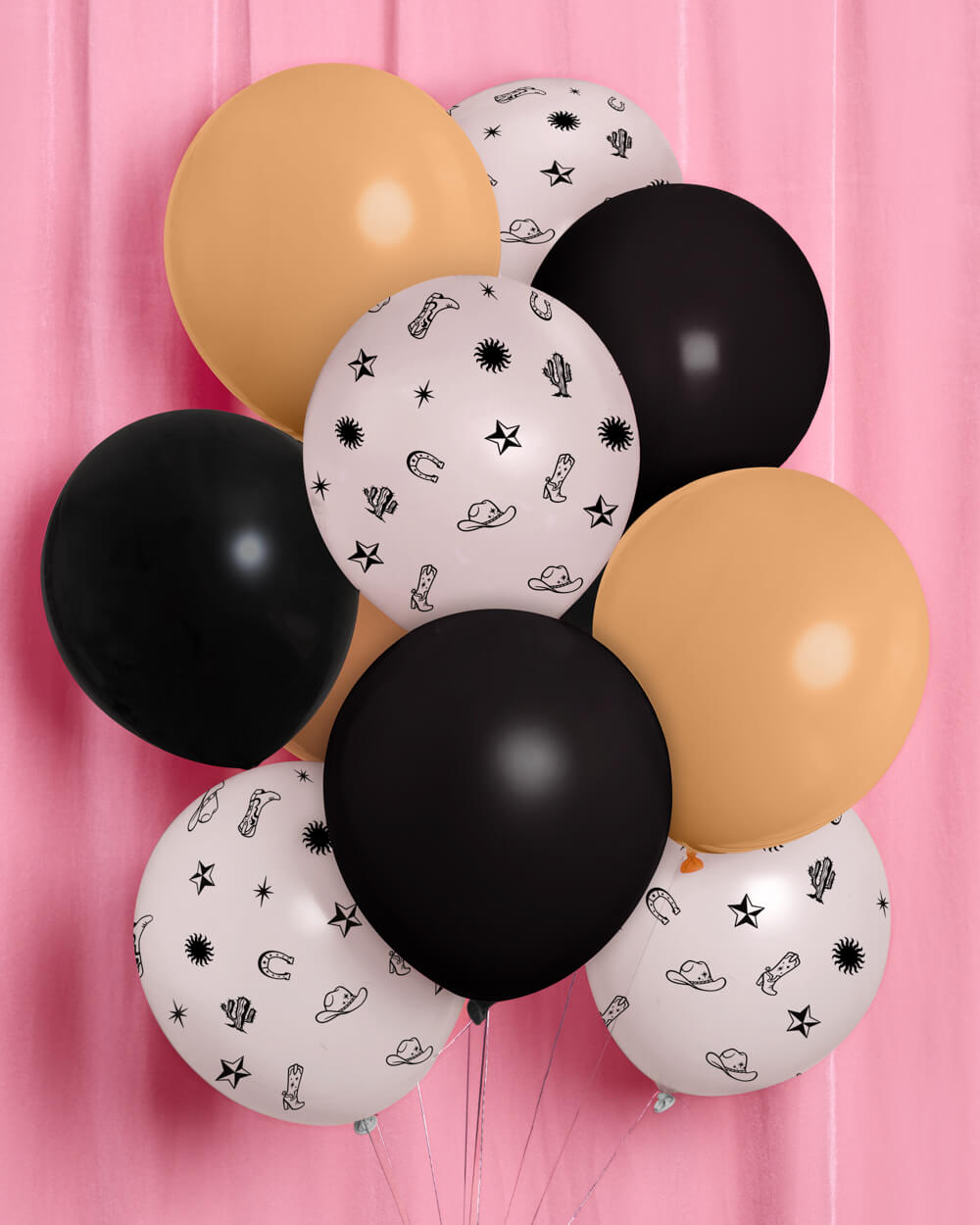 Cowgirl latex balloons in pearl, brown, and black