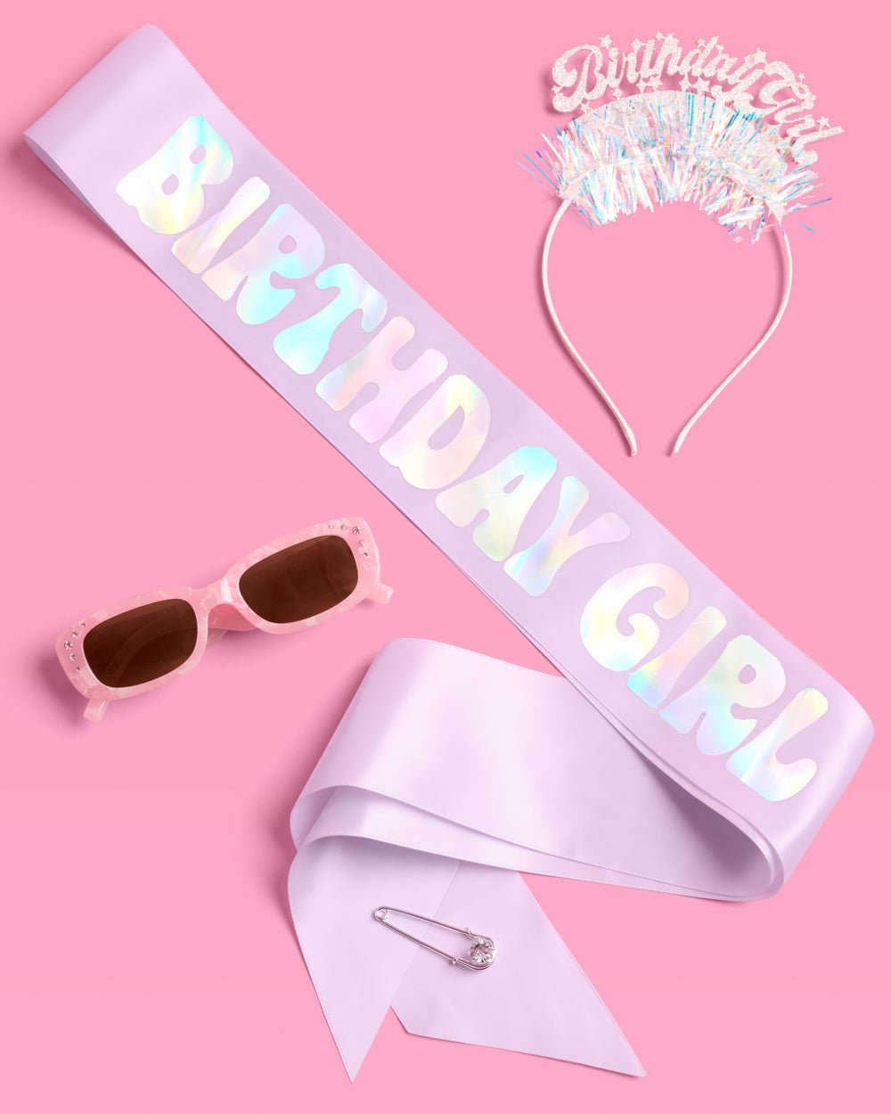 Birthday Girl bundle with a sash, a headband, and sunglasses