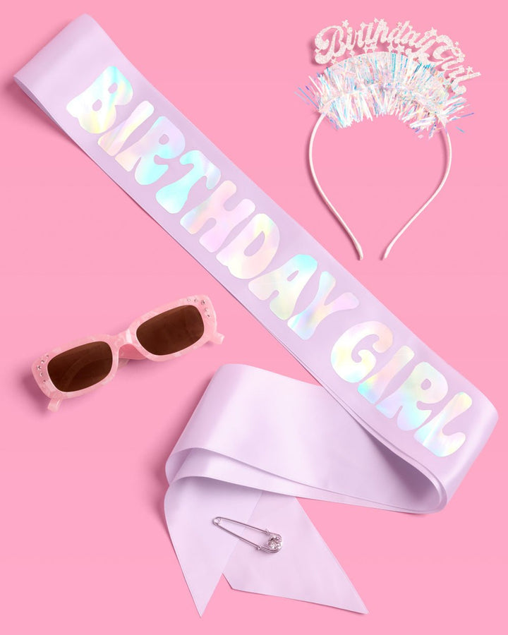 Birthday Girl bundle with a sash, a headband, and sunglasses
