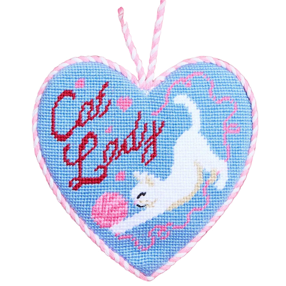 Cat Lady Needlepoint Christmas Ornament in Blue Velvet