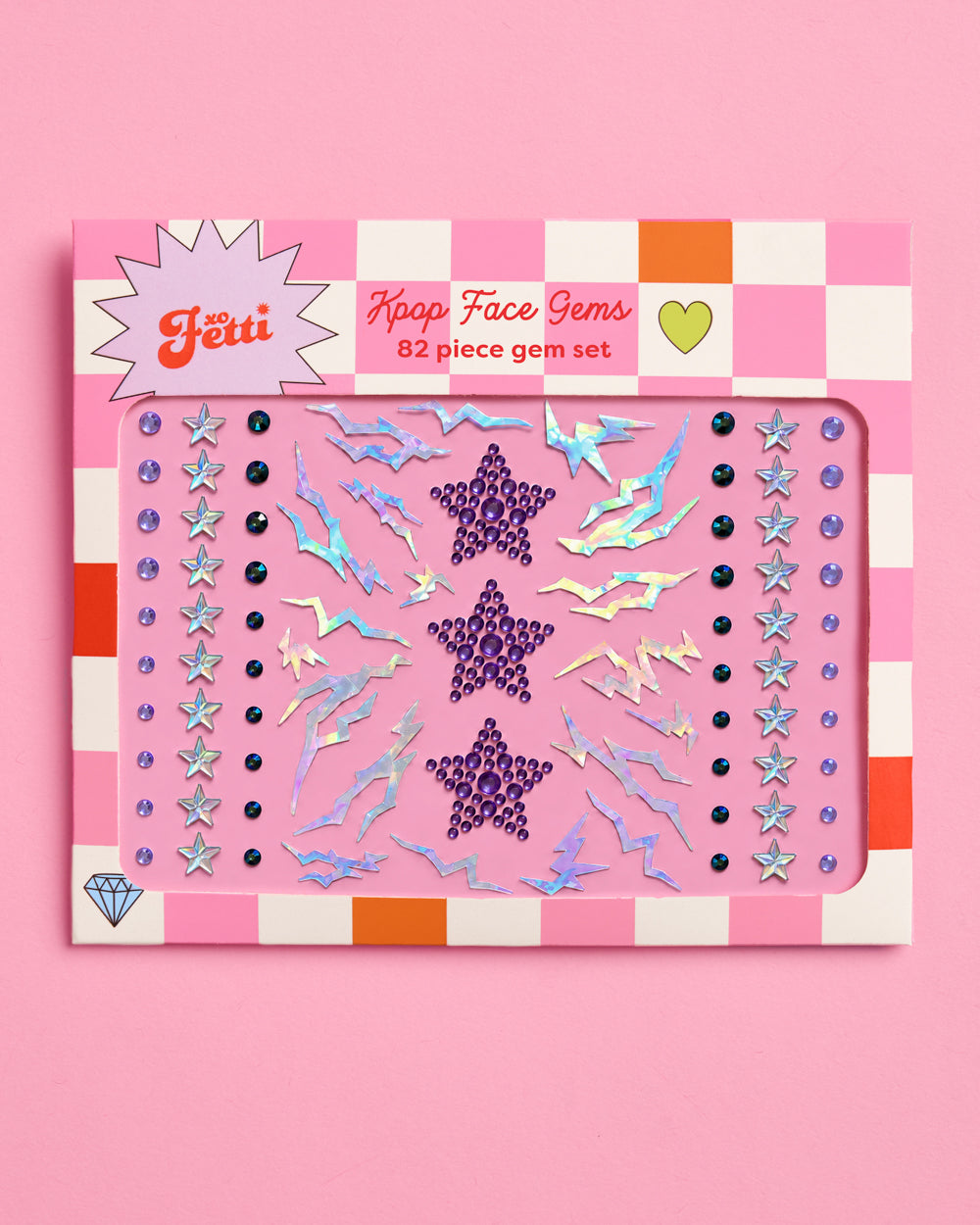 Pack of 82 Kpop face gems with purple jeweled stars, silver stars, and iridescent lightning shapes.