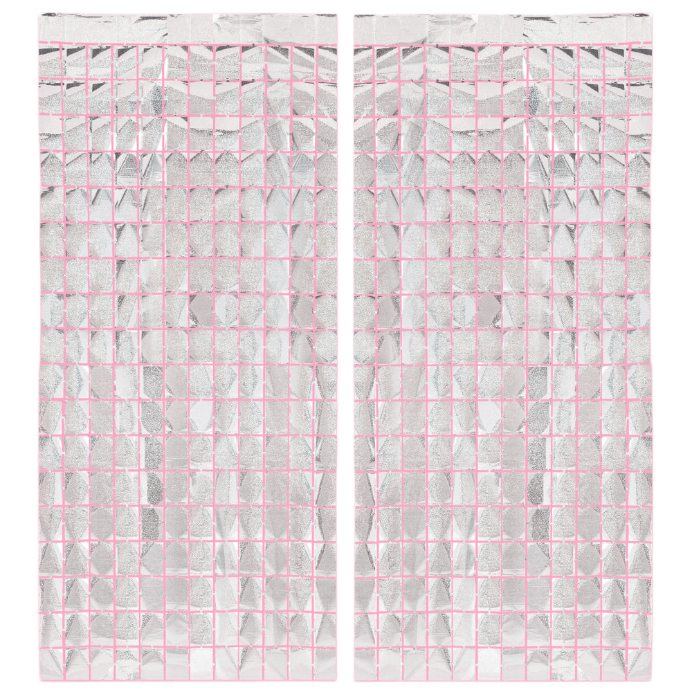 Two silver iridescent foil curtains of hanging squares on a white background