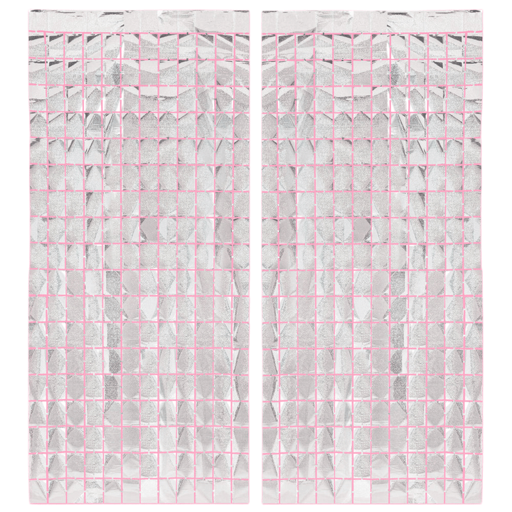Two silver iridescent foil curtains of hanging squares on a white background