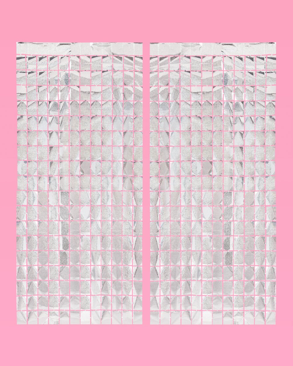 Silver iridescent foil square curtain panels