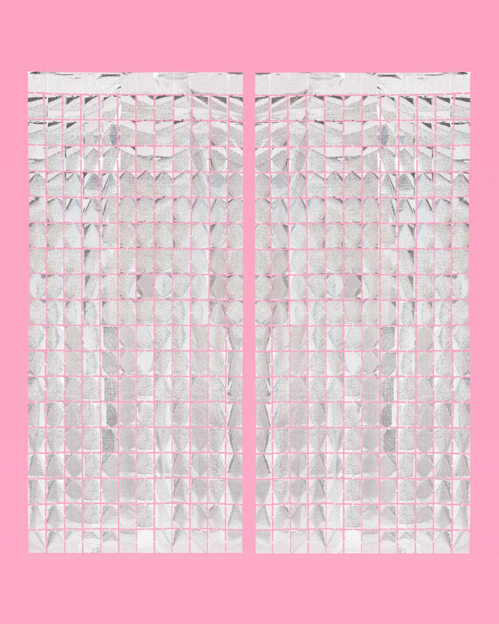 Silver iridescent foil square curtain panels