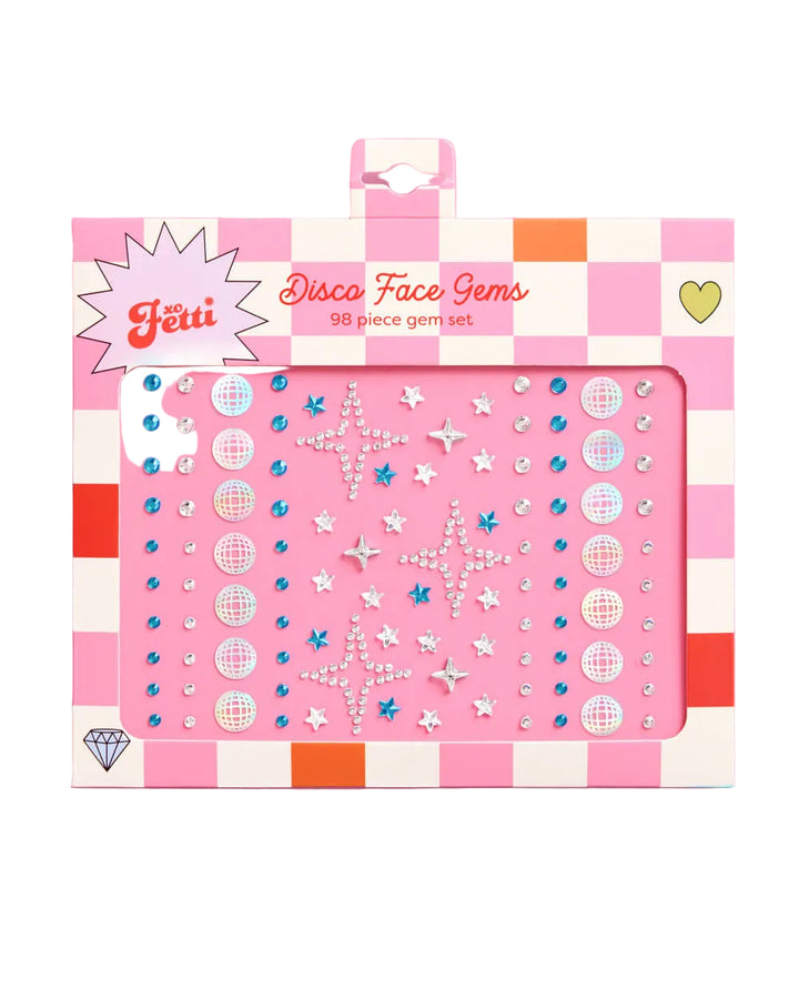 Jetti disco face gems packaging on a pink background
