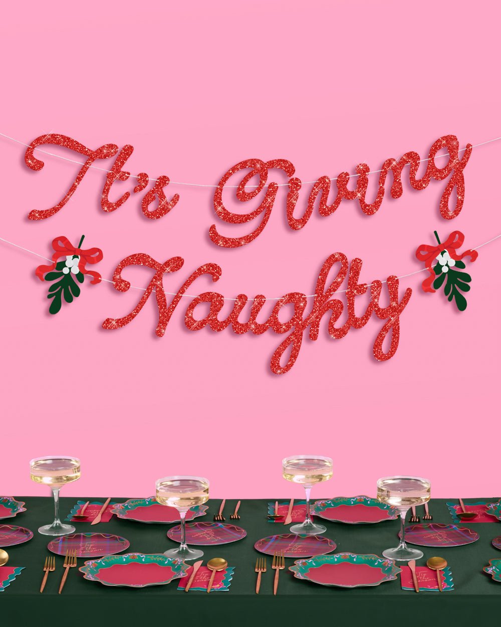 It's Giving Naughty Christmas banner, red glitter script spanning 5 feet on two pre-strung strings