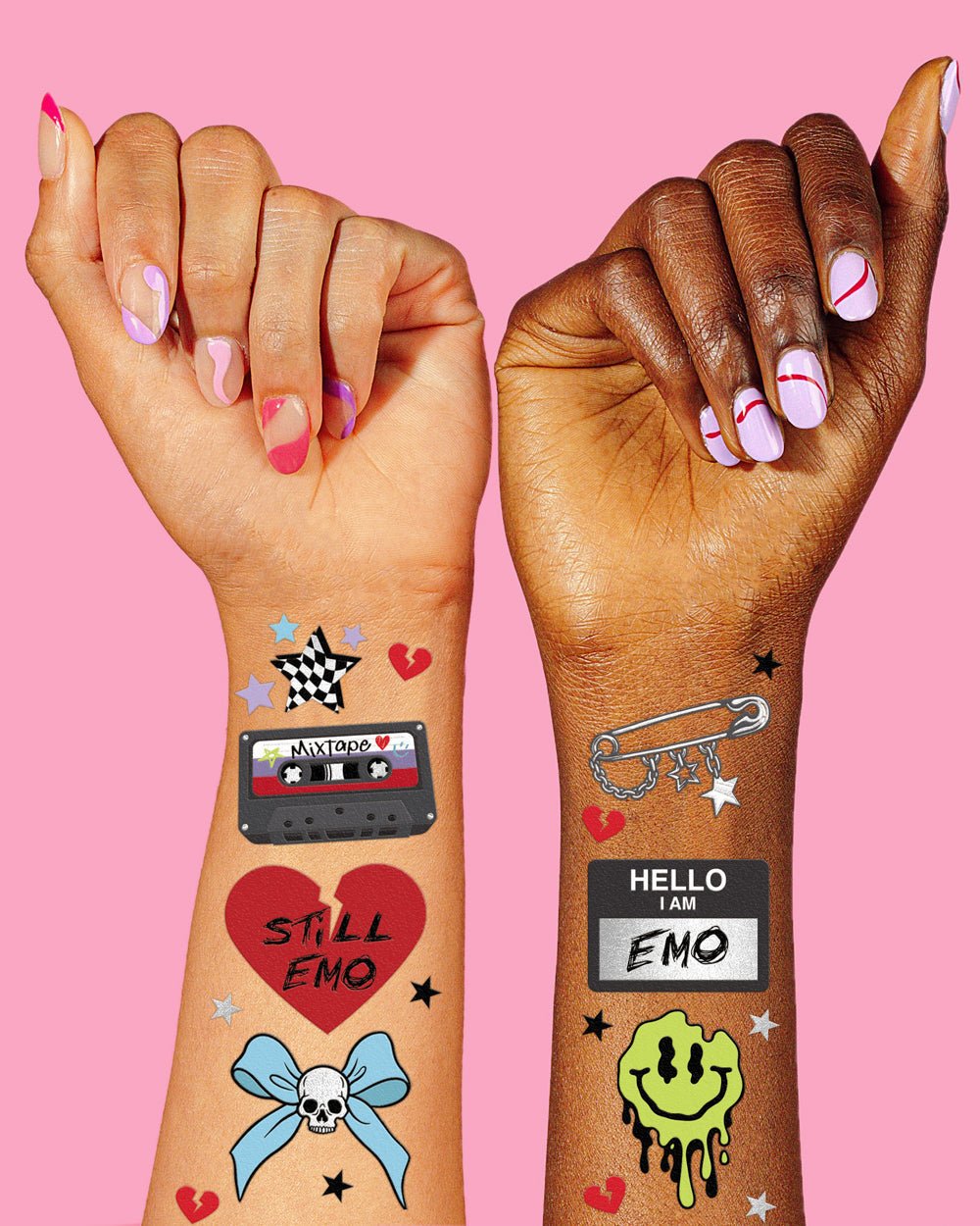 Emo temporary tattoos with a cassette, Hello I'm Emo name tag, drippy smiley, and blue bow worn on two wrists
