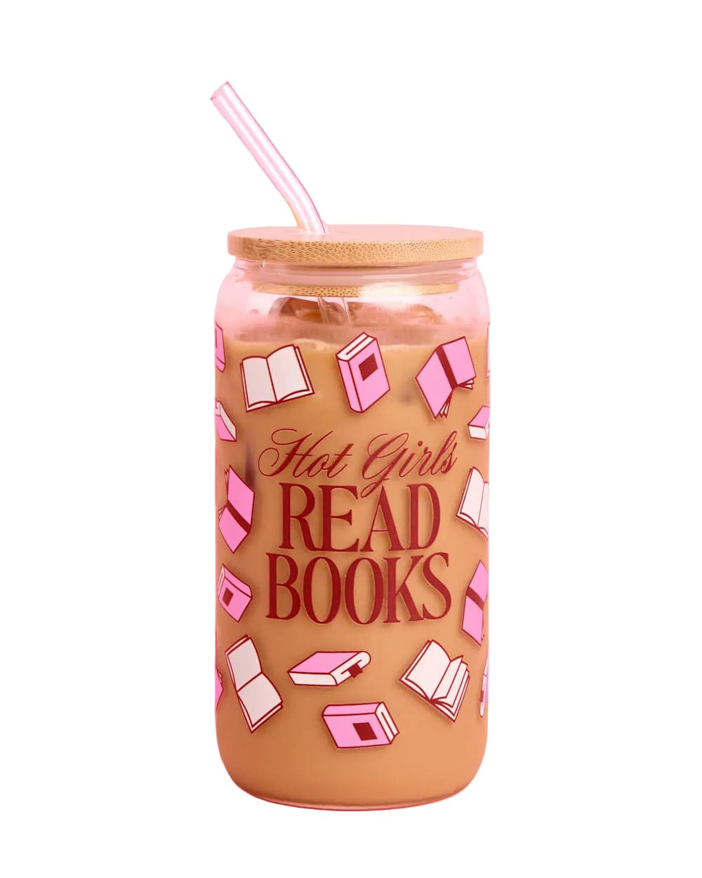 Hot Girls Read Books glass tumbler filled with iced coffee, pink book print, bamboo lid, and glass straw on white