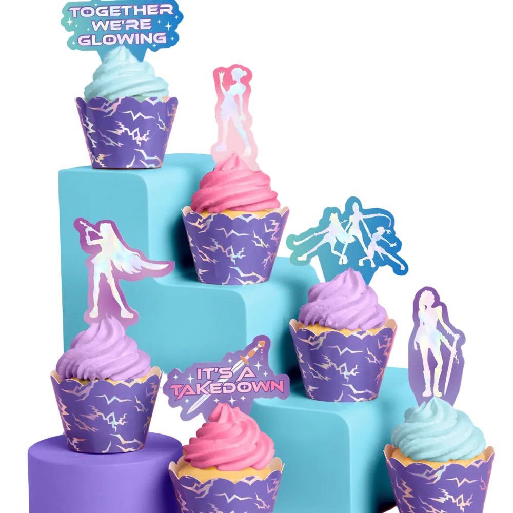 Takedown cupcake toppers and wrappers by xo Fetti in purple lightning print with Together We're Glowing toppers