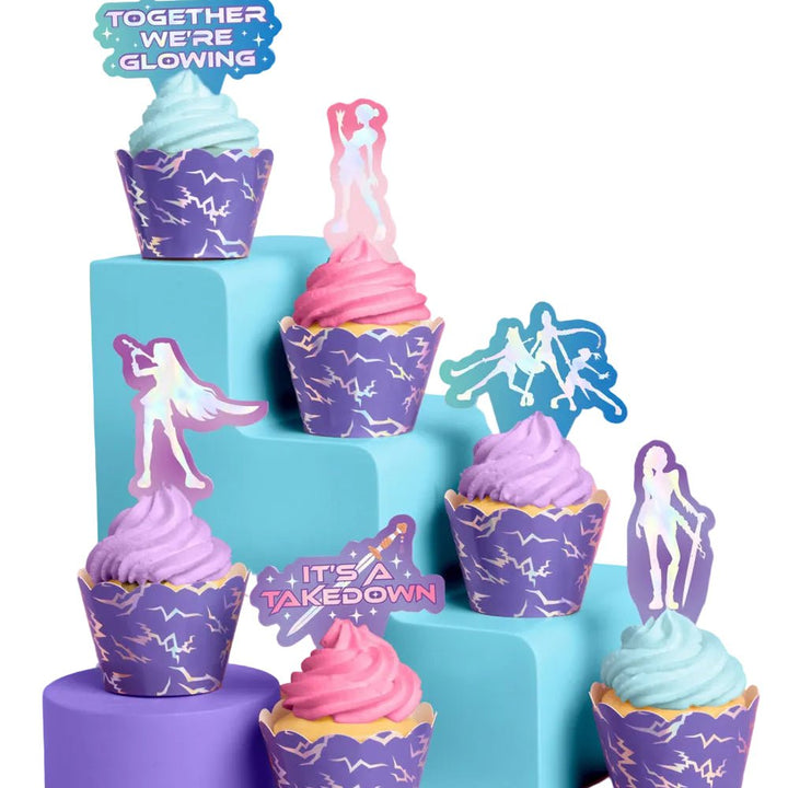 Takedown cupcake toppers and wrappers by xo Fetti in purple lightning print with Together We're Glowing toppers