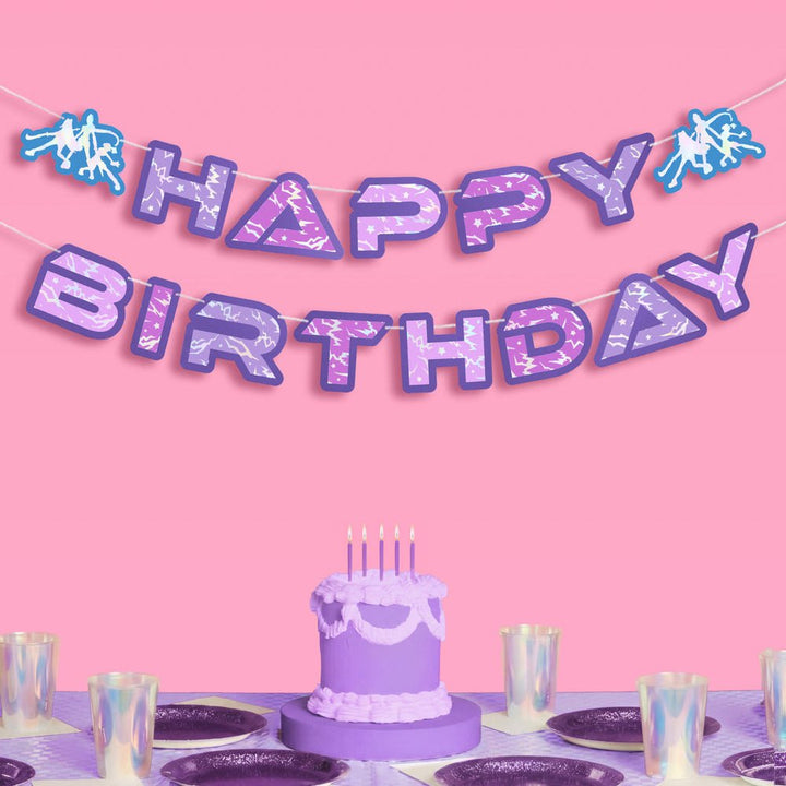 Takedown Happy Birthday letter banner by xo Fetti in purple with a lightning print, five feet pre-strung