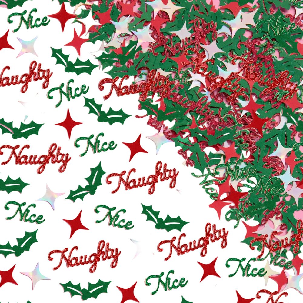 Naughty or Nice Christmas confetti with red and green glitter script words, holly leaves, and stars