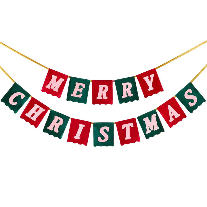 Merry Christmas velvet flag banner in red and green with pink lettering