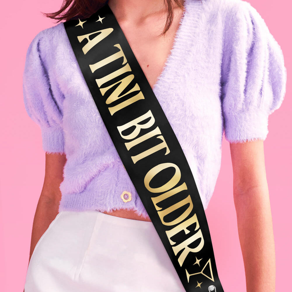 Tini Bit Older Sash - black satin sash xo, Fetti sash Tini Bit Older Sash - black satin sash Bonjour Fete - Party Supplies